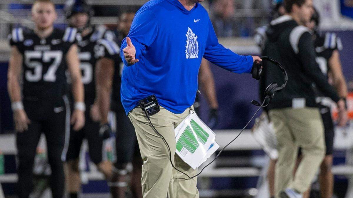 Duke coach Mike Elko reacts to a penalty against the Blue Devils in the fourth quarter against North Carolina on Saturday, October 15, 2022 at Wallace-Wade Stadium in Durham, N.C.