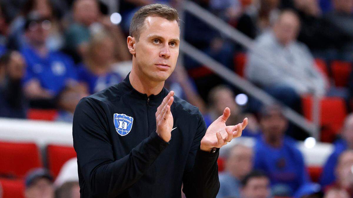 Duke head coach Jon Scheyer cheers on the team during the second half of Duke’s 93-49 victory over Mount St. Mary’s in the first round of the 2025 NCAA Men’s Basketball Tournament at the Lenovo Center in Raleigh, N.C., Friday, March 21, 2025.