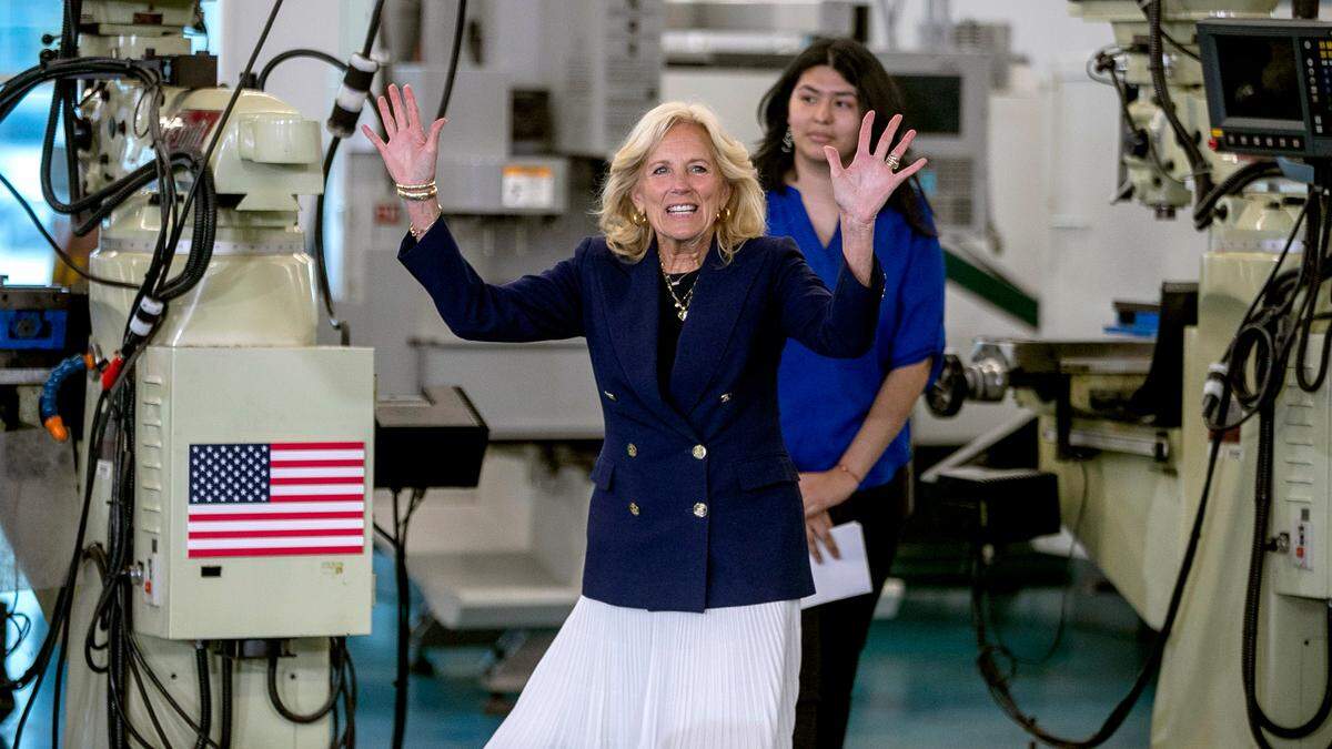 First Lady Jill Biden and America Gomez arrives at the advanced manufacturing lab at Nash Community College, where Gomez is a student on Friday, June 9, 2023 in Rocky Mount, N.C. The First Lady was joined by President Joe Biden as they highlight the the $23.7 million investment that North Carolina received from his American Rescue Plan to train workers. Gomez later introduced the President for his remarks.
