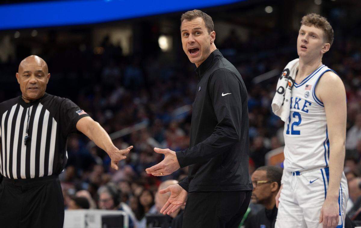 Duke coach Jon Scheyer argues with the officials in the first half against N.C. State during the quarterfinals of the ACC Men’s Basketball Tournament at Capitol One Arena on Wednesday, March 13, 2024 in Washington, D.C.