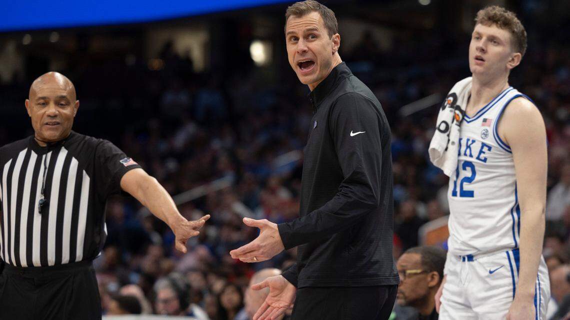 Duke coach Jon Scheyer argues with the officials in the first half against N.C. State during the quarterfinals of the ACC Men’s Basketball Tournament at Capitol One Arena on Wednesday, March 13, 2024 in Washington, D.C.