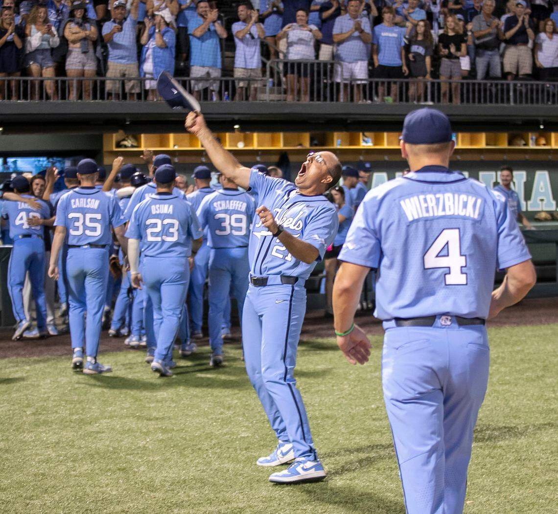 North Carolina coach Scott Forbes acknowledges fans following the Tar Heels’ 7-3 victory over VCU on Monday, June 6, 2022, clinching their NCAA Regional championship at Boshamer Stadium in Chapel Hill, N.C.