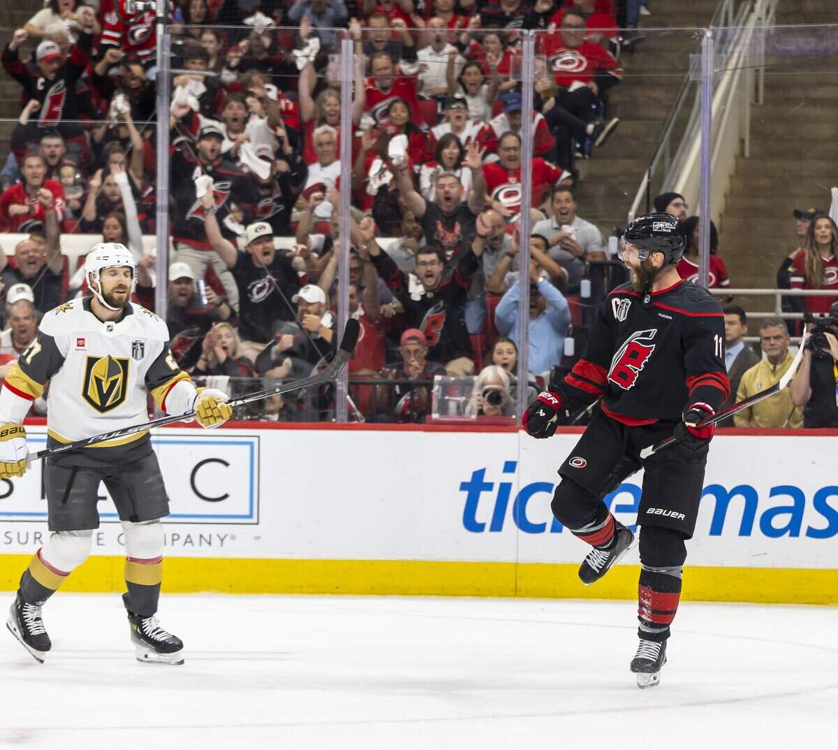Carolina Hurricanes Carolina Hurricanes center Jordan Staal (11) reacts after scoring on Vegas goalie Carter Hart (79) to tie the score 1-1 in the first period in Game 5 of the Stanley Cup Final against Vegas, on Thursday, June 11, 2026 at Lenovo Center in Raleigh, N.C.