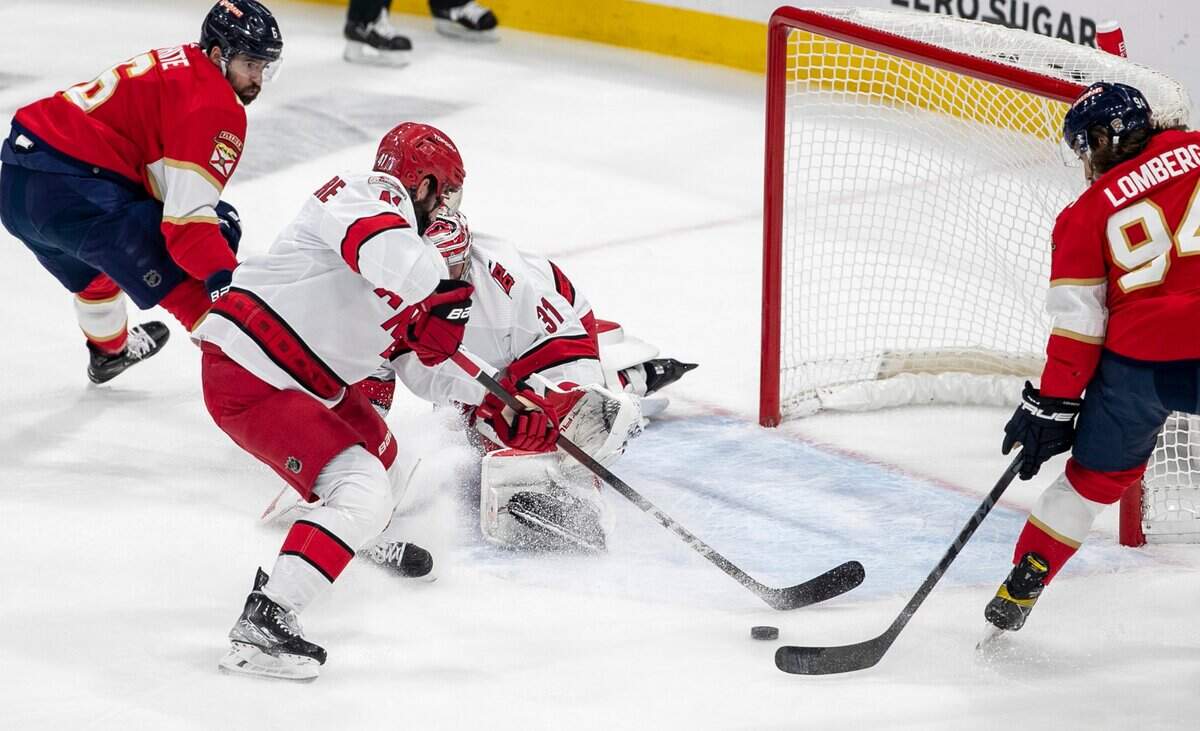 The Florida Panthers Ryan Lomberg (94) scores on Carolina Hurricanes goalie Frederik Andersen (31) in the second period to take a 3-2 lead during Game 4 of the Eastern Conference Finals on Wednesday, May 24, 2023 at FLA Live Arena in Sunrise, Fla.