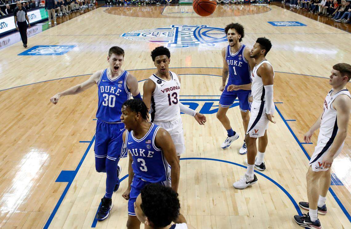 Duke’s Jeremy Roach (3) celebrates after making the basket while being fouled with 2:36 left in the game during Duke’s 59-49 victory over Virginia to win the ACC Men’s Basketball Tournament in Greensboro, N.C., Saturday, March 11, 2023.