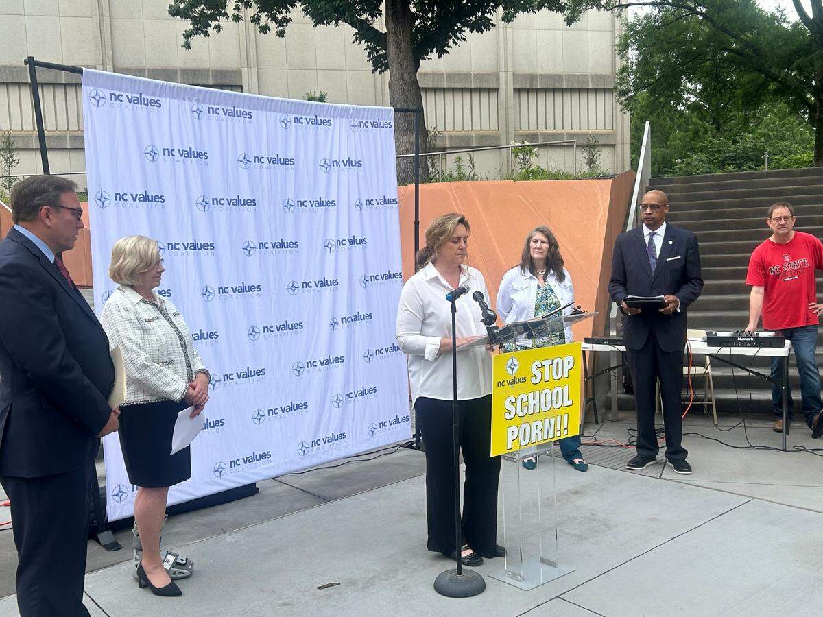 Wake County school board member Cheryl Caulfield speaks out against books that she says promote “porn” in schools at an event sponsored by the NC Values Coalition in Raleigh. N.C., on May 15, 2024.