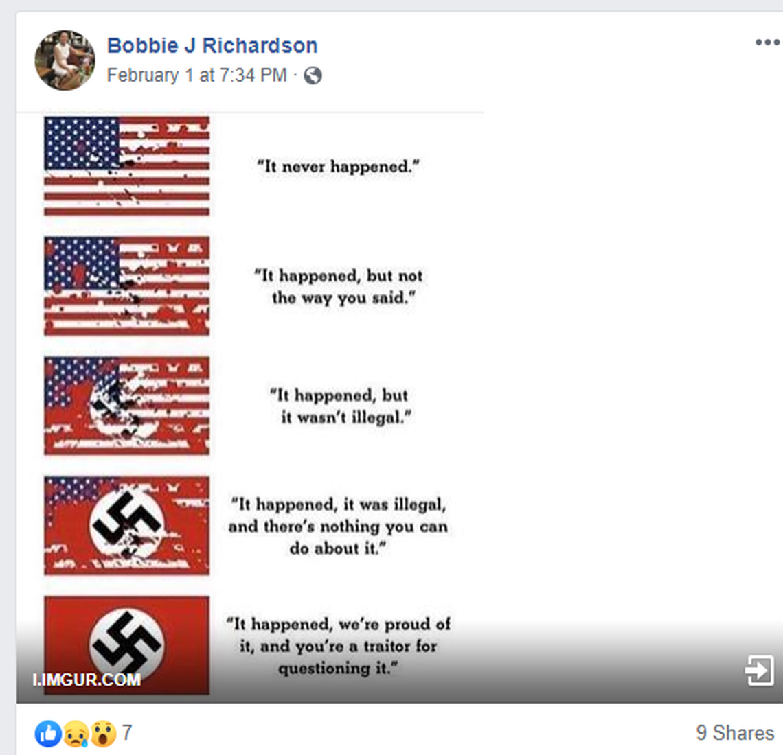 A screenshot of a Facebook post by Bobbie Richardson, the First Vice Chair of the N.C. Democratic Party. Richardson posted this Feb. 1, 2020, during the Republican-controlled U.S. Senate’s impeachment trial of Republican President Donald Trump, which she and other Democrats criticized.