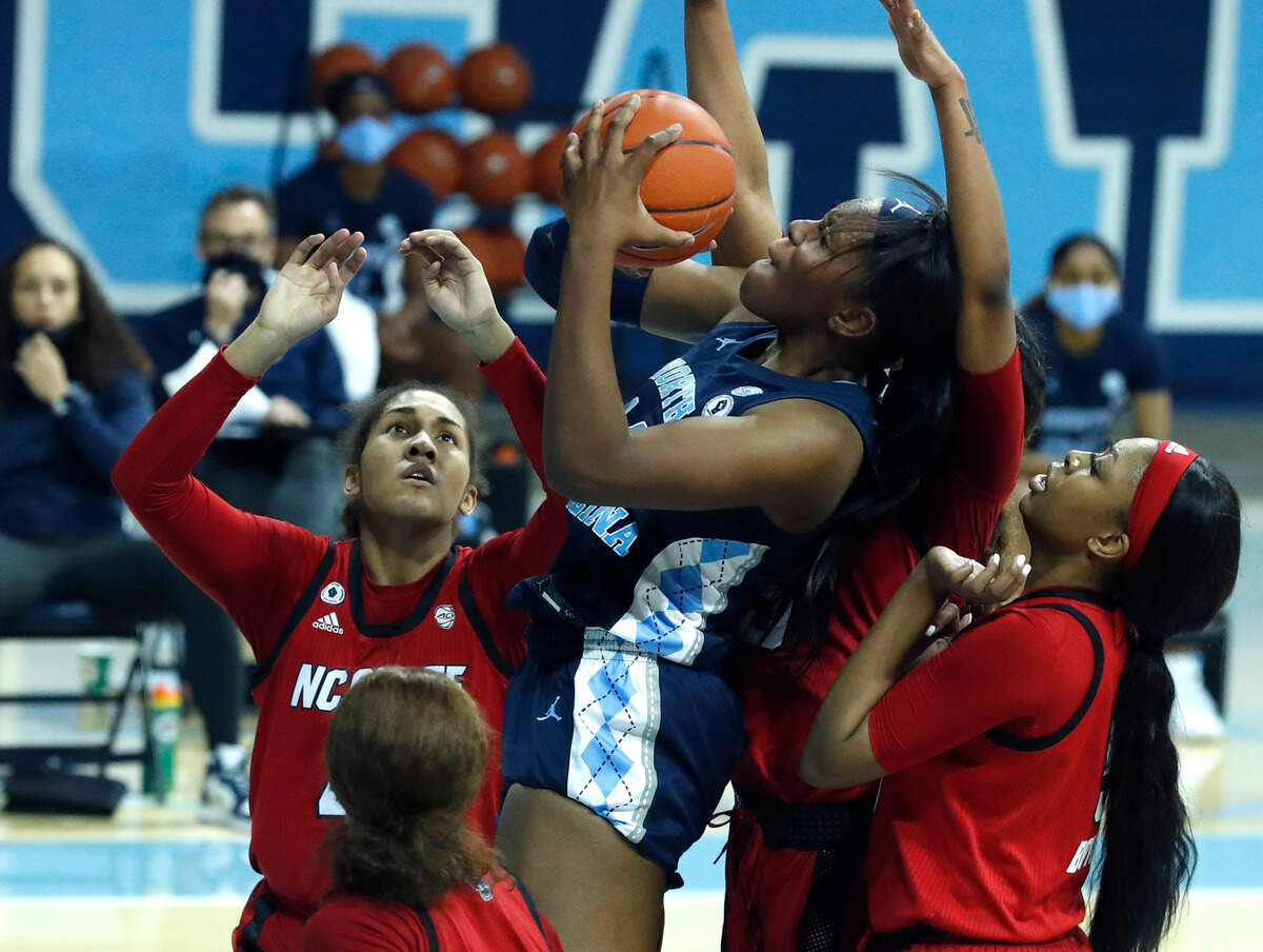 North Carolina’s Janelle Bailey (44) shoots during the second half of UNC’s 76-69 victory over N.C. State at Carmichael Arena in Chapel Hill, N.C., Sunday, February 7, 2021.