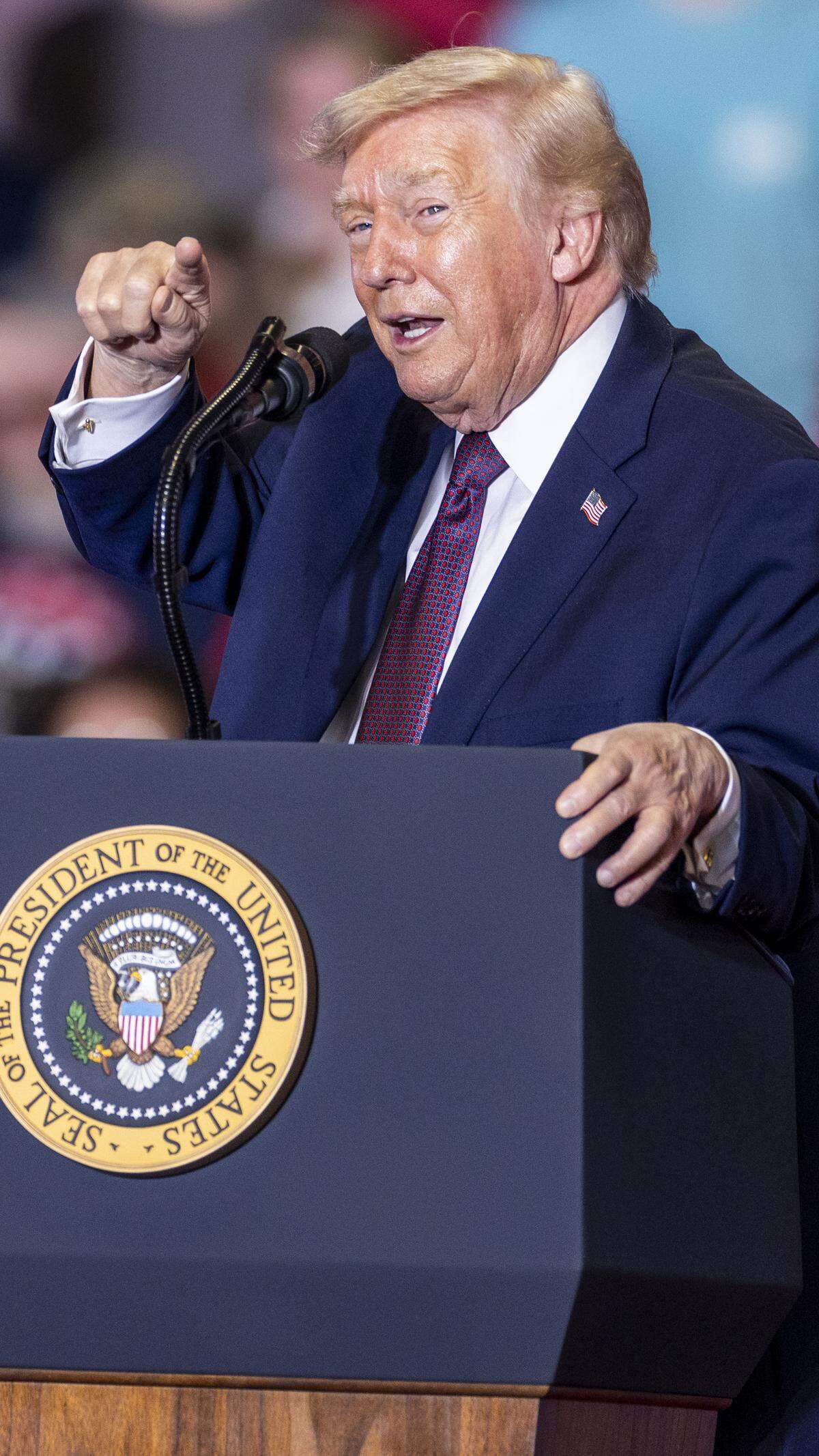 President Donald Trump delivers remarks during a rally at the Rocky Mount Event Center in Rocky Mount on Friday, Dec. 19, 2025. 