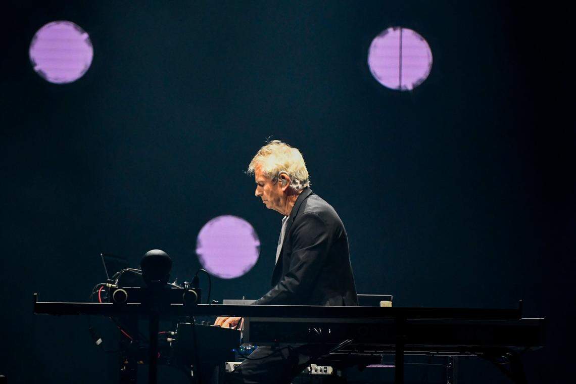 Keyboardist Tony Banks plays with Genesis as they perform in their “The Last Domino?” tour at the United Center on Monday, Nov. 15, 2021, in Chicago.