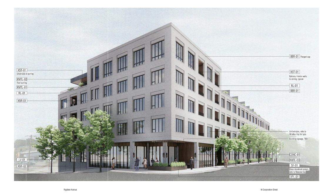 The proposed apartment development on the corner of Rigsbee Avenue and W. Corporation Street in Durham is planned to feature 82 residential units.