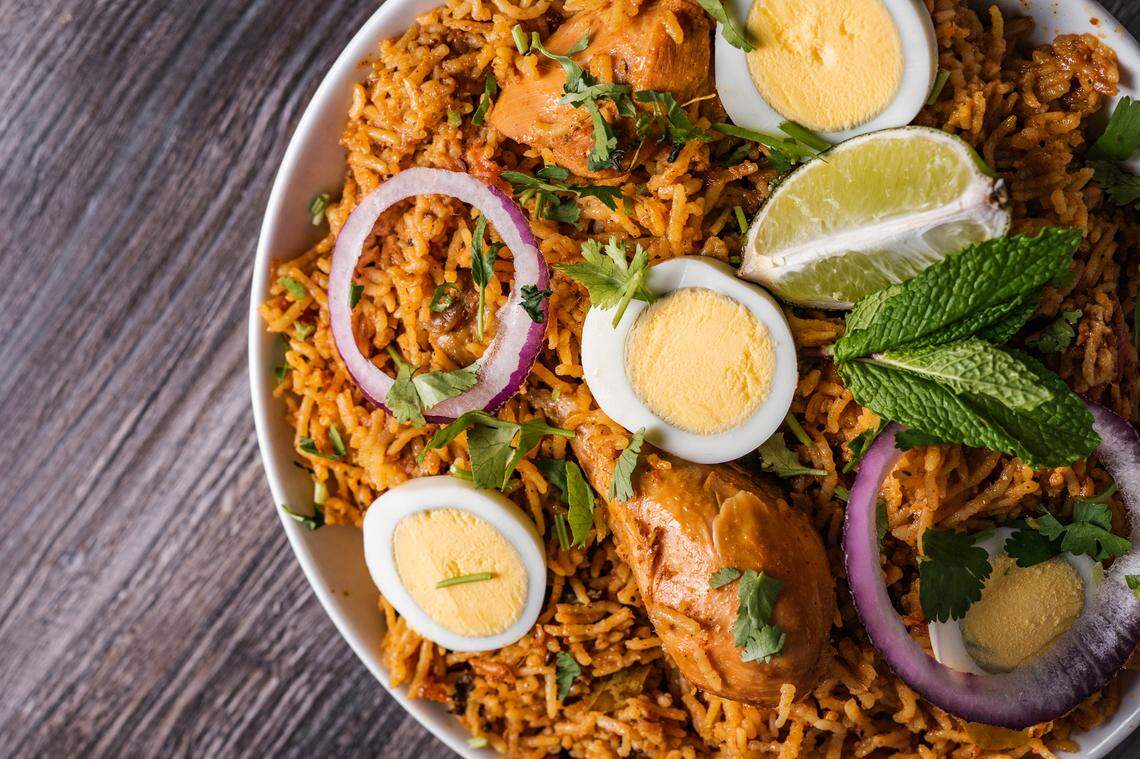 Chicken biryani from Lime & Lemon includes chicken, rice made with a spice blend and boiled eggs.