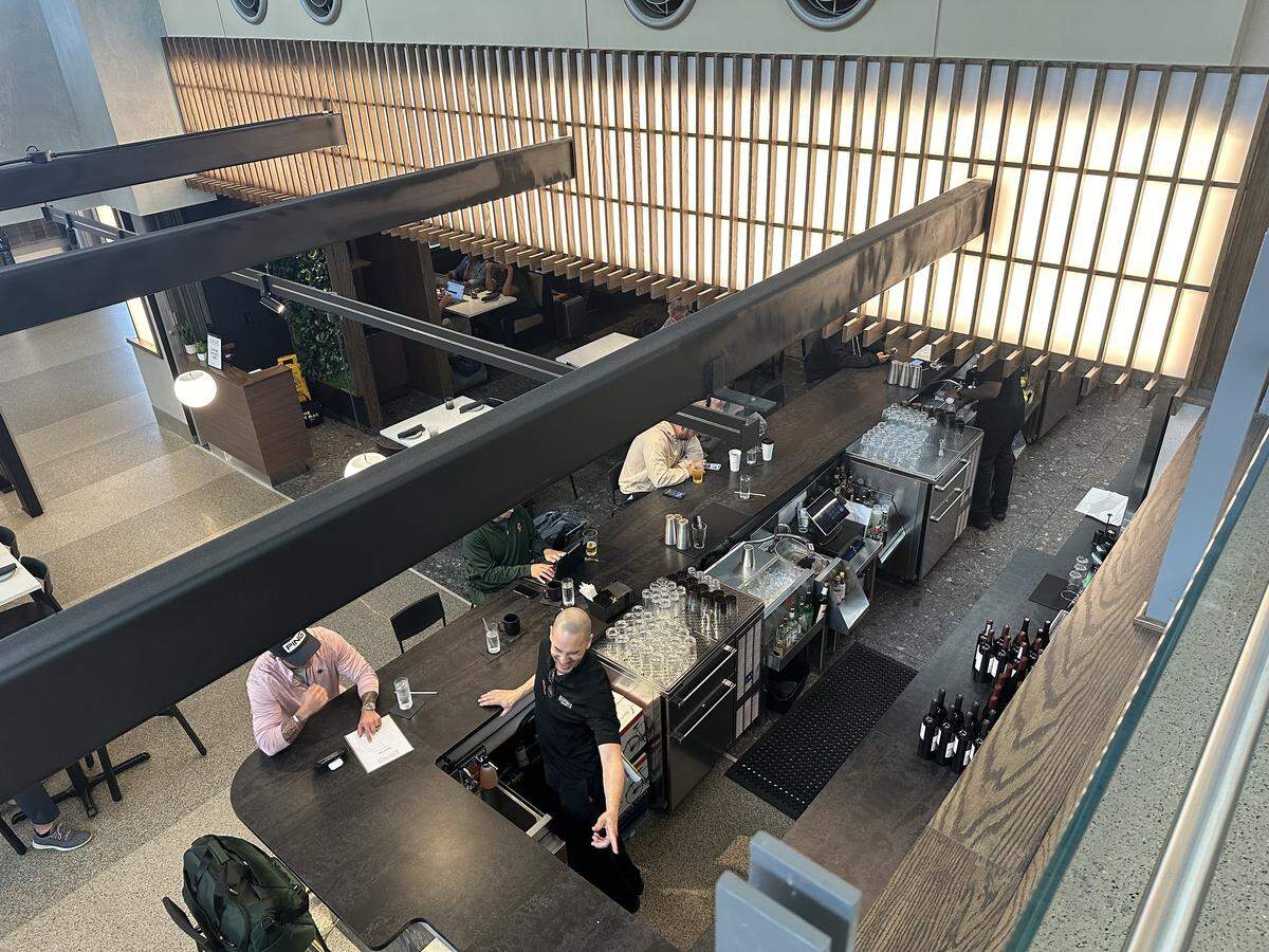 The bar at Crawford’s Genuine, a restaurant designed by Triangle celebrity chef Scott Crawford that opened at Raleigh-Durham International Airport in the fall of 2024.