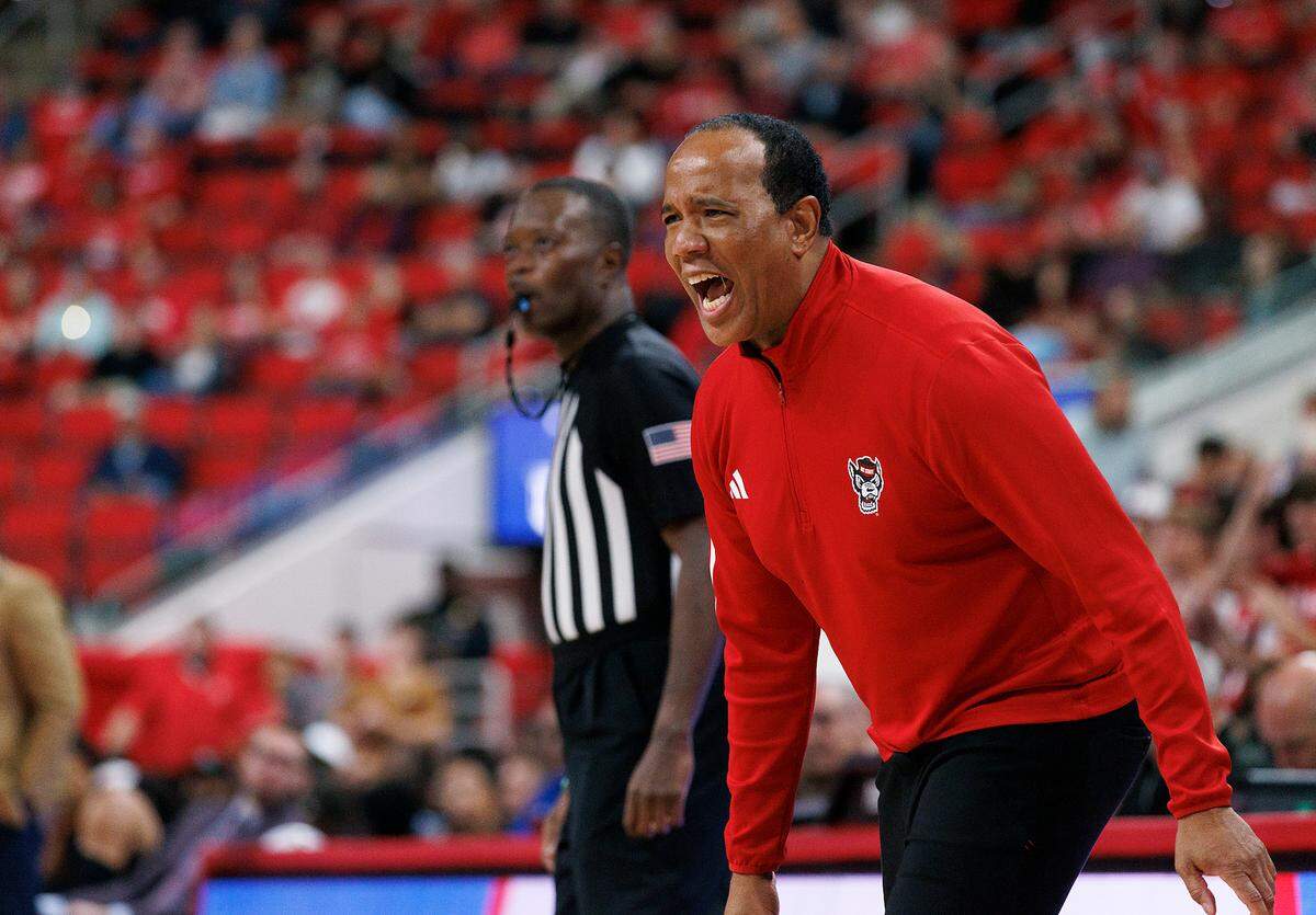 N.C. State head coach Kevin Keatts gives instructions from the sideline during the second half of the Wolfpack’s 81-72 win over Presbyterian on Friday, Nov. 8, 2024, at Lenovo Center in Raleigh, N.C.