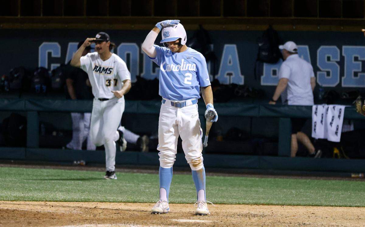 North Carolina’s Mikey Madej (2) reacts after his foul fly ball was caught, ending the game, during VCU’s 4-3 victory over UNC in the Chapel Hill Regional at at Boshamer Stadium in Chapel Hill, N.C. Saturday, June 4, 2022.