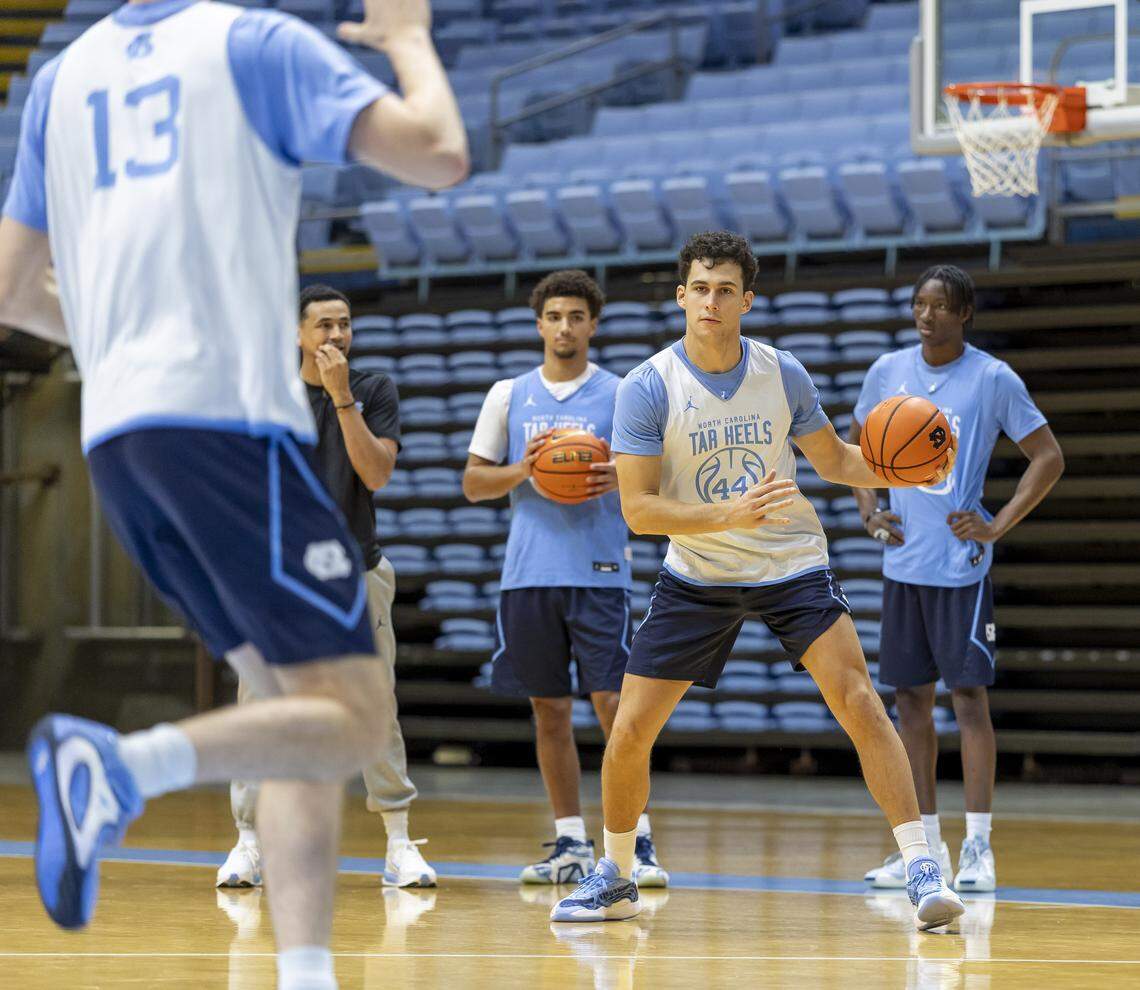 North Carolina guard Luka Bogavac (44) handles the ball during practice on Thursday, October 9. 2025 at the Smith Center in Chapel Hill, N.C.