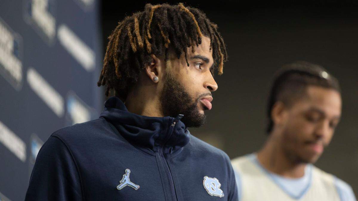 North Carolina’s R.J. Davis and Armando Bacot arrive on the dais for interviews with the media ahead of their first game in the NCAA Tournament on Wednesday, March 20, 2024 at Spectrum Center in Charlotte, N.C.