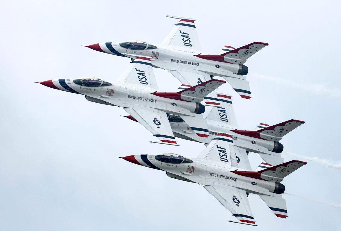 The U.S. Air Force Thunderbirds perform during the Wings Over Wayne Air Show at Seymour Johnson Air Force Base in Goldsboro, N.C., Sunday, May 4, 2025.