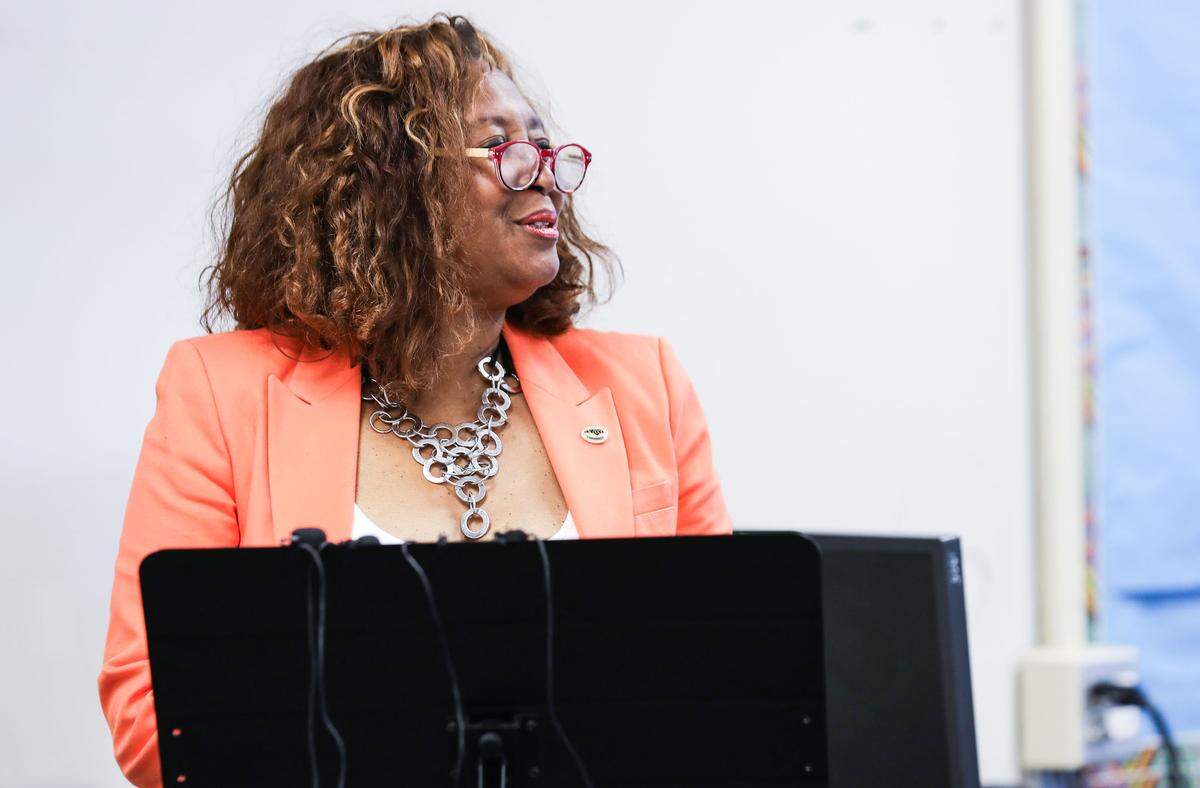 North Carolina School Board Association President Minnie Forte-Brown announces the filing of a new lawsuit to try and enforce a 10-year old court decision ordering state leaders to turn over nearly $750 million that was improperly withheld from public schools. Forte-Brown spoke to school board leaders from across the state and the press in the computer lab at George Watts Elementary School in Durham on Wednesday, August 1, 2018.