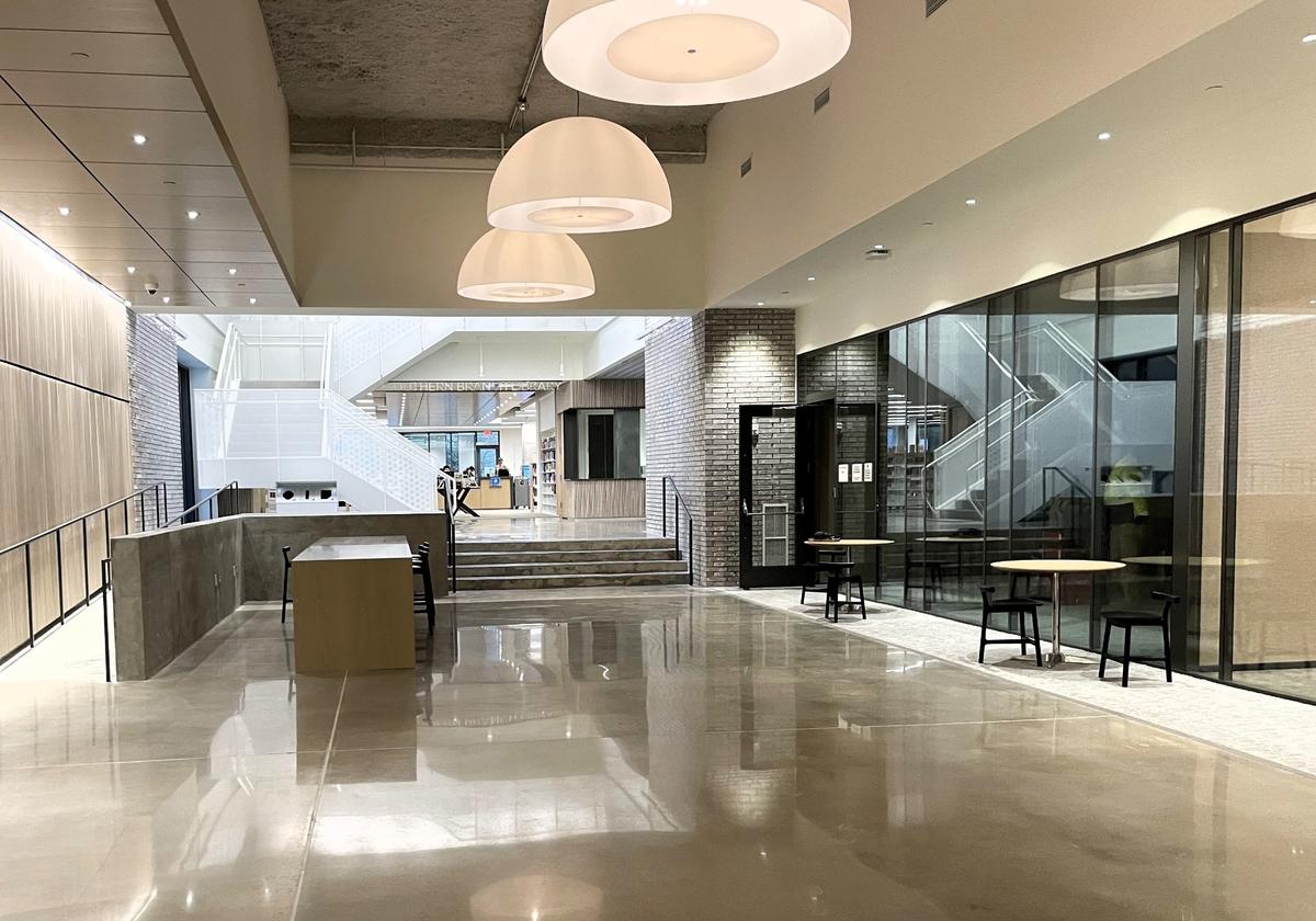 The Drakeford Library Complex in Carrboro features open, light-filled spaces and sustainable features, with seating areas on all three levels and ample spaces to display local art.