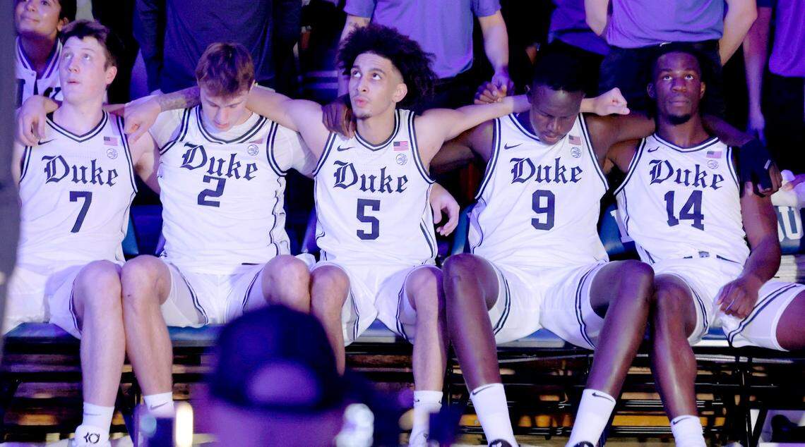From left, Duke’s Kon Knueppel (7), Cooper Flagg (2), Tyrese Proctor (5), Khaman Maluach (9) and Sion James (14) wait to be introduced before the Blue Devils’ game against UNC at Cameron Indoor Stadium in Durham, N.C., Saturday, Feb. 1, 2025.