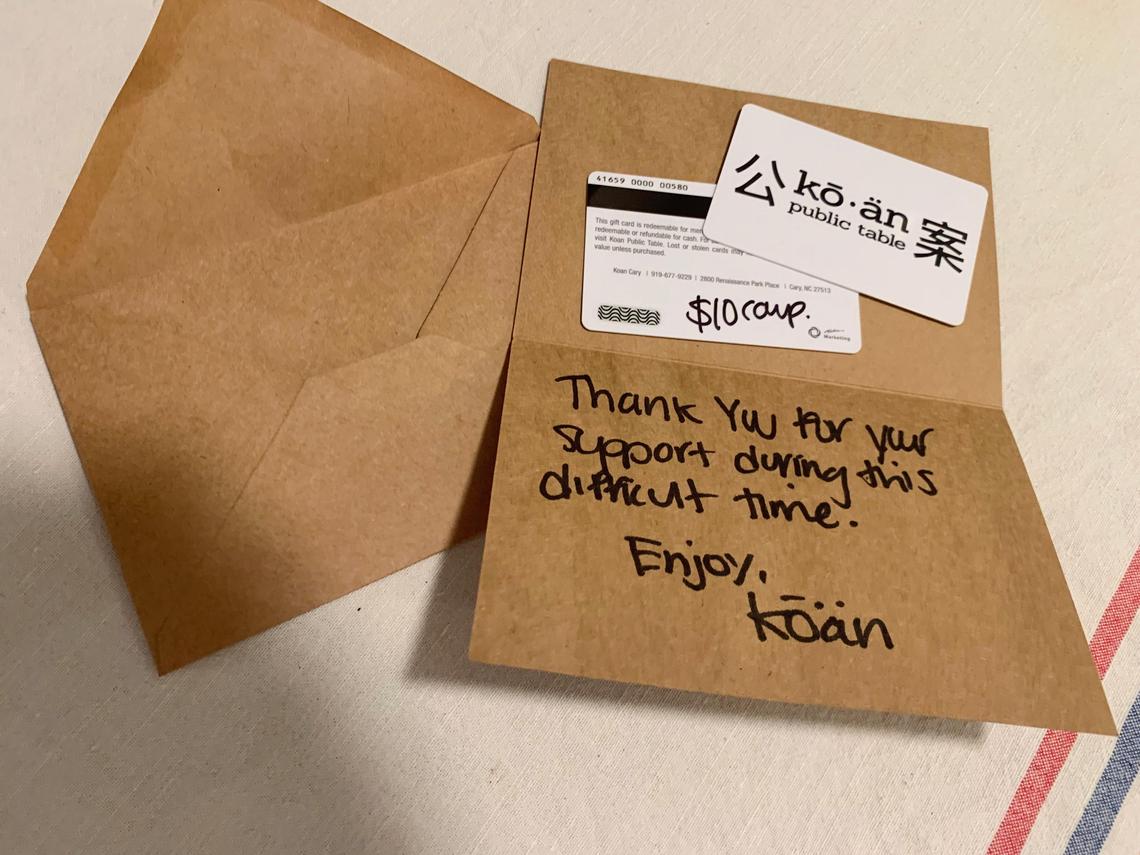 Thank you note with two $10 gift cards from ko-an in Cary.