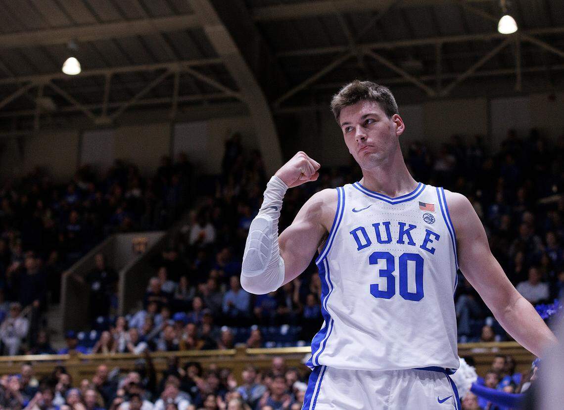Duke’s Kyle Filipowski reacts after an and-one during the first half of the Blue Devils’ 89-69 win over Hofstra on Tuesday, Dec. 12, 2023, at Cameron Indoor Stadium in Durham, N.C.