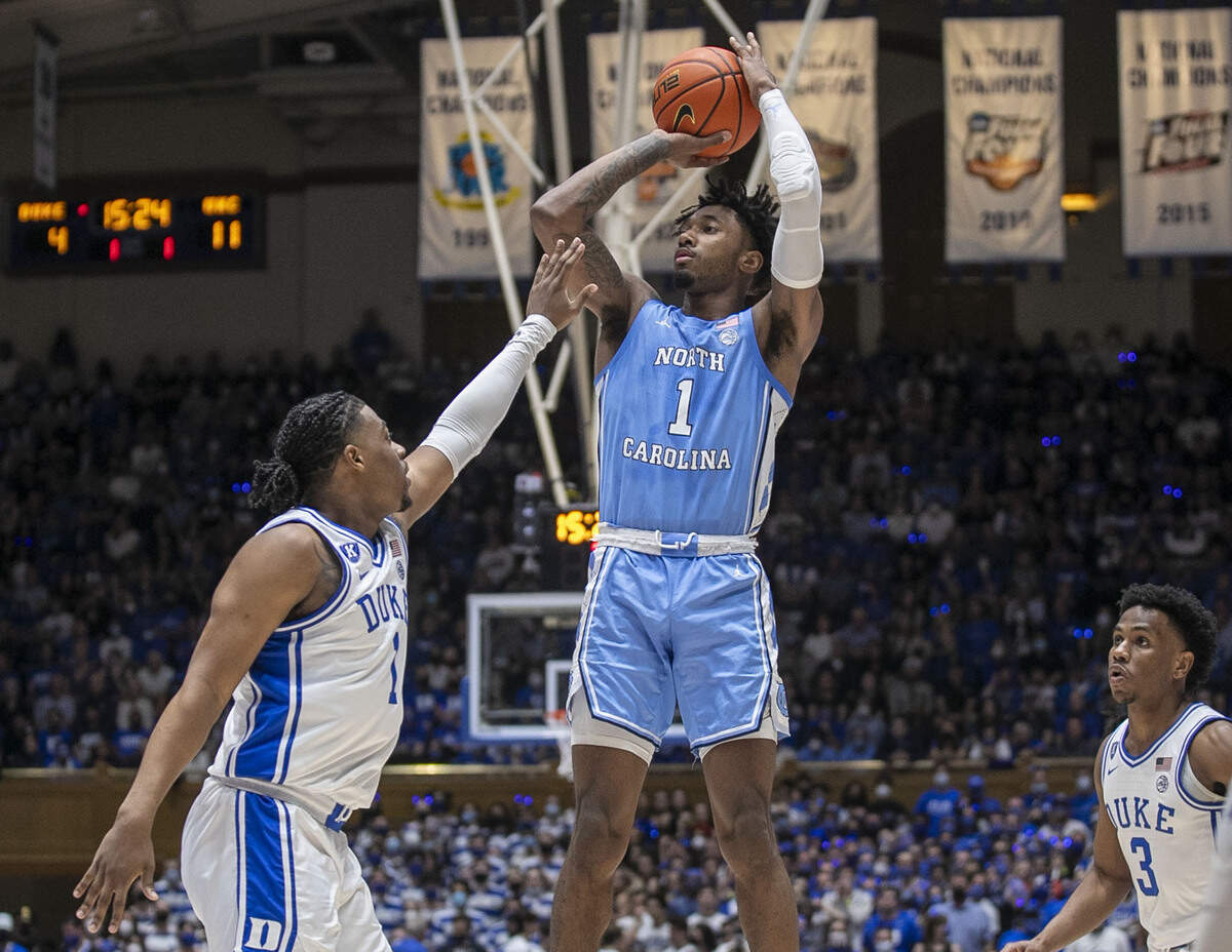 North Carolina’s Leaky Black (1) puts up a shot over Duke’s Trevor Keels (1) on Saturday, March 5, 2020 at Cameron Indoor Stadium in Durham, N.C.