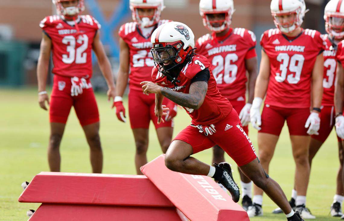 N.C. State cornerback Aydan White (3) runs a drill during the Wolfpack’s first fall practice in Raleigh, N.C., Wednesday, August 2, 2023.