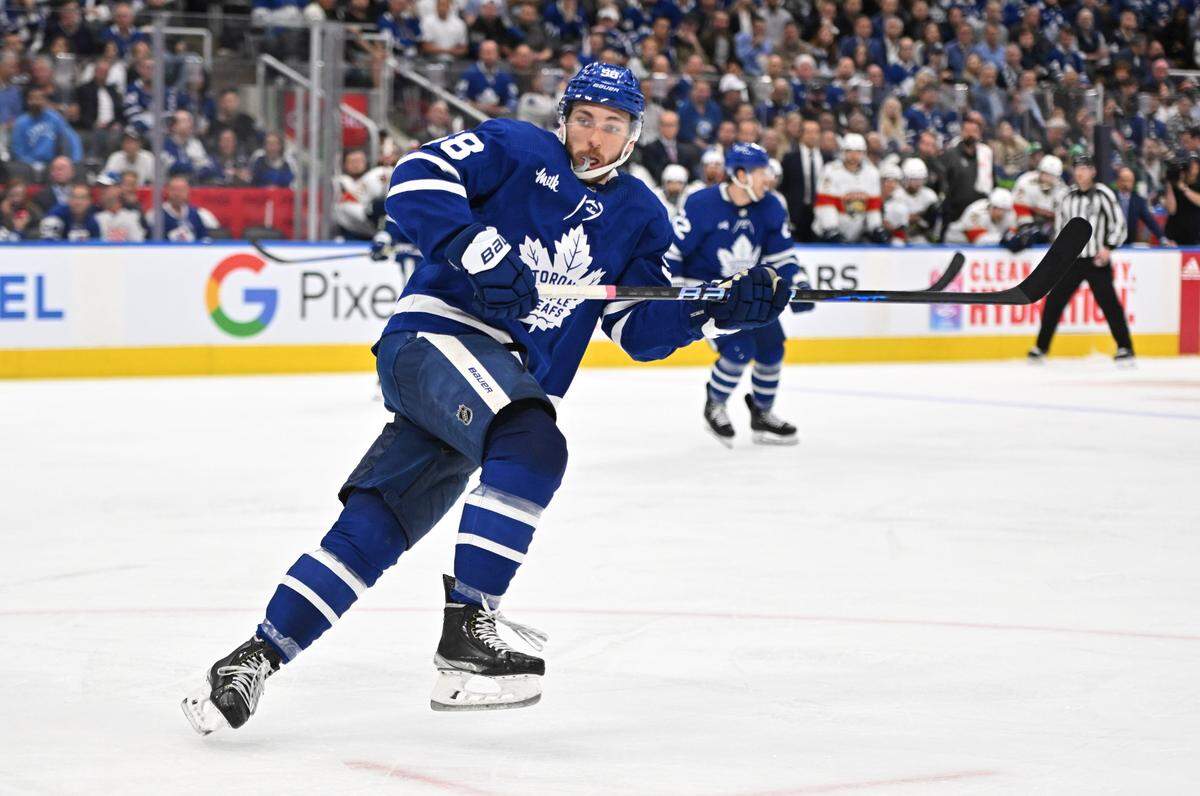 Toronto Maple Leafs forward Michael Bunting (58) pursues the play against the Florida Panthers in the third period in game five of the second round of the 2023 Stanley Cup Playoffs at Scotiabank Arena.