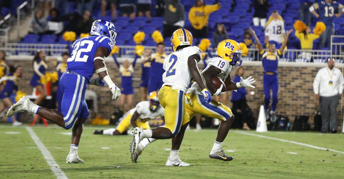 Pittsburgh wide receiver V’Lique Carter (19) outruns Duke linebacker Brandon Hill (32) to score on 26-yard touchdown with 38 seconds left in the game during Pittsburgh’s 33-30 victory over Duke at Wallace Wade Stadium in Durham, N.C., Saturday, Oct. 5, 2019.