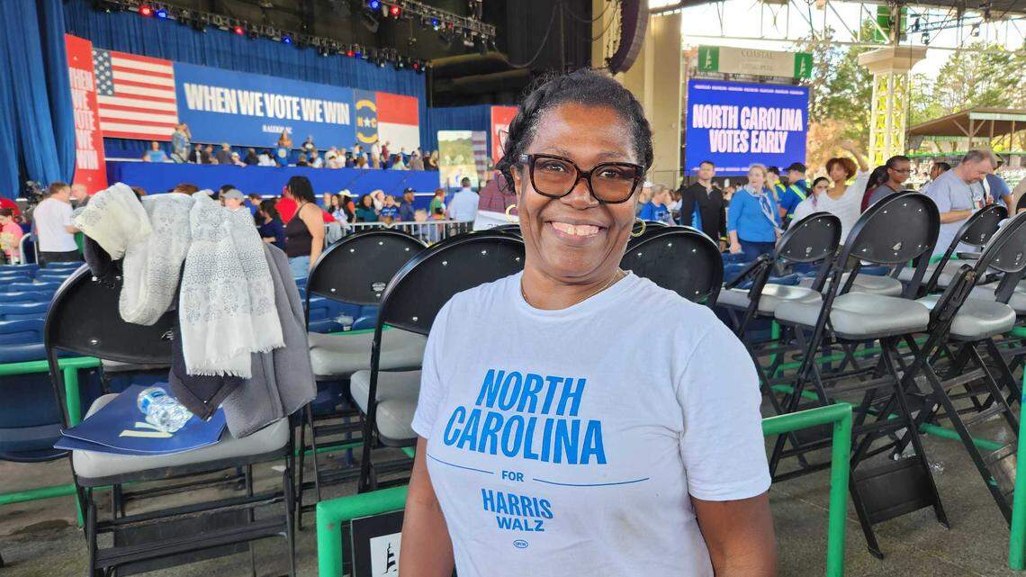 Carline Jules of Durham, pictured after Vice President Kamala Harris’ campaign rally at Coastal Credit Union Music Park at Walnut Creek in Raleigh, N.C.