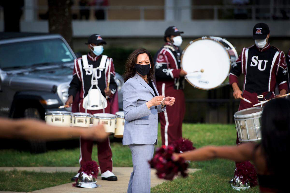 Sen. Kamala Harris, the Democratic nominee for vice president, listens to the Platinum Sound Band as she departs Shaw University in Raleigh, N.C., Monday, Sept, 28, 2020. (Pete Kiehart/The New York Times)