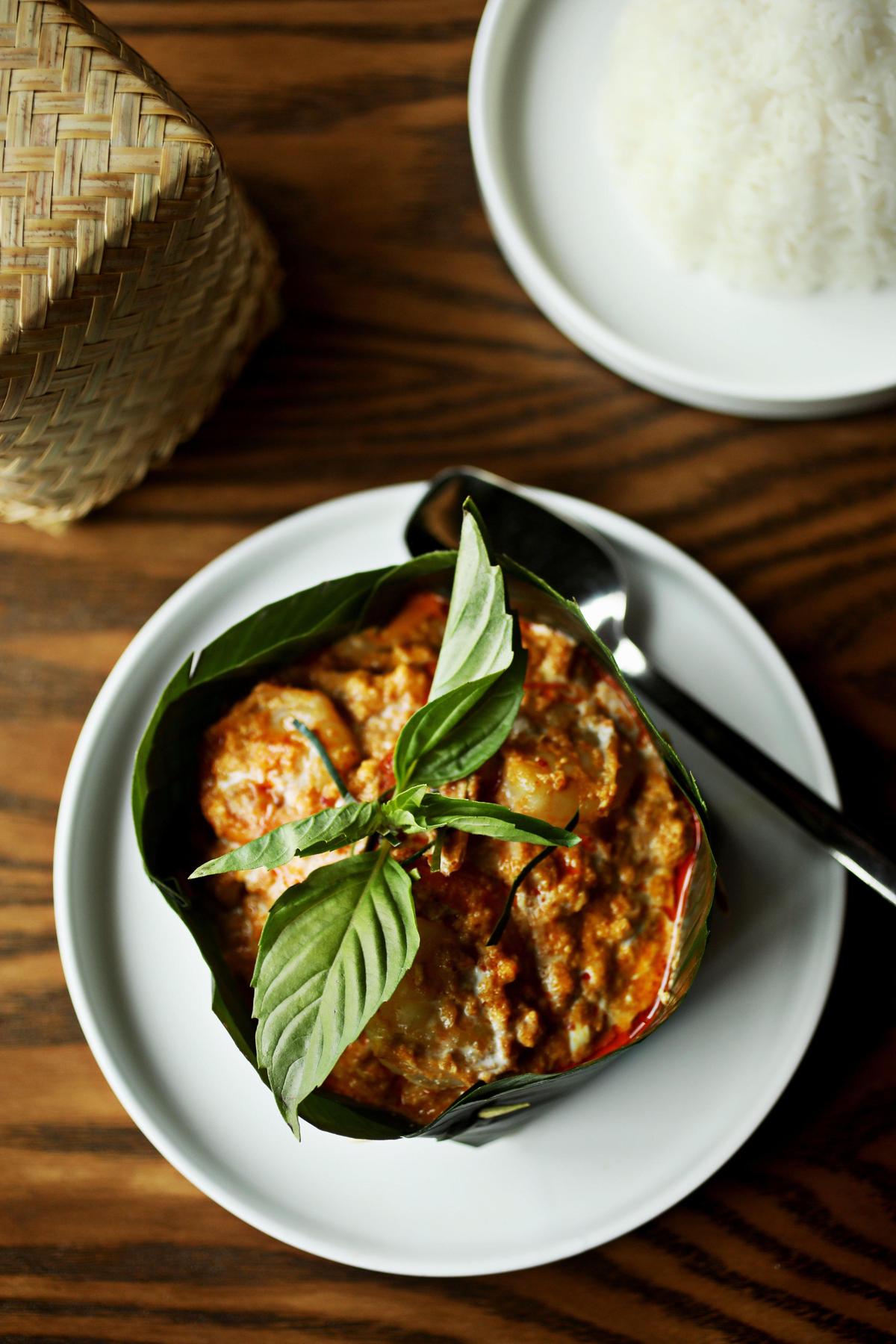 Osha’s hor mok taylay is a custard with the texture of fluffy scrambled eggs, riddled with bite size morsels of fish, shrimp and mussel. Cabbage and fresh basil, folded into the mix, play bright counterpoint to the richness of the custard.