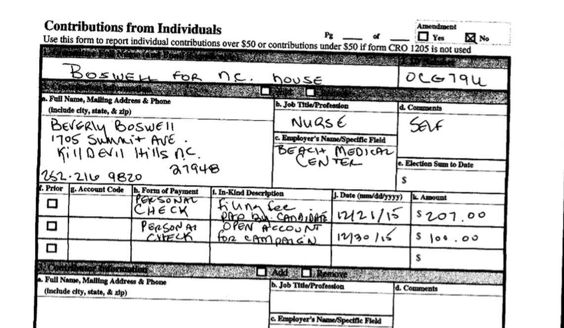 A screenshot of the disclosure filed by Rep. Beverly Boswell's campaign in December 2015.