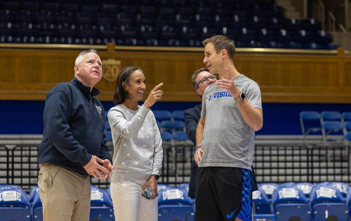 Minnesota Gov. Tim Walz, the Democratic vice presidential candidate, meets with Duke Men’s Basketball Coach Jon Scheyer and Athletic Director Nina King during a campaign stop at Duke University on Thursday, Oct. 24, 2024 as Election Day draws near.
