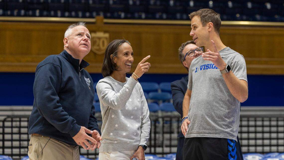 Vice presidential candidate Tim Walz meets Duke basketball coach at NC campaign stop