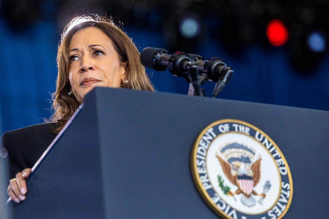 Vice President Kamala Harris speaks during a rally at Coastal Credit Union Music Park at Walnut Creek in Raleigh on Wednesday, Oct. 30, 2024.
