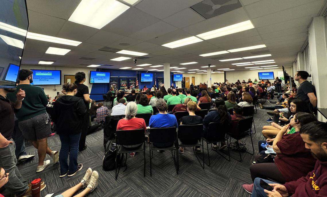 A few hundred parents, students and teachers crowded in for a Chapel Hill-Carrboro school board discussion about school closures on Thursday, Feb. 19, 2026. The board is expected to make a decision by June 4.