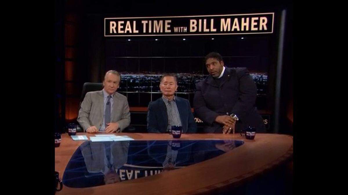 Rev. William Barber II, far right, with Bill Maher, left, and George Takei, center, in a 2014 episode of HBO’s “Real Time with Bill Maher.”  