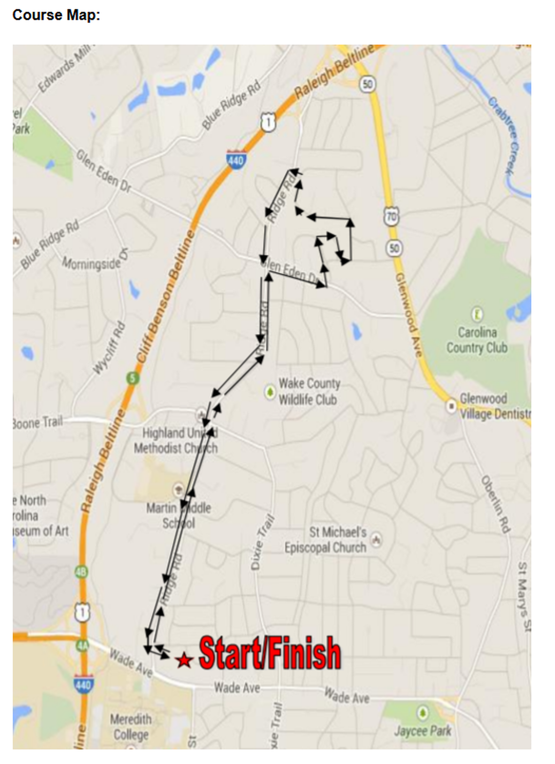 A screenshot of the Raleigh Turkey Trot’s 2024 race map from RaleighTurkeyTrot.org.