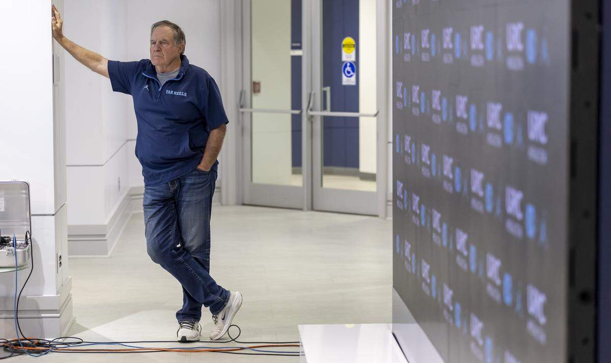 North Carolina coach Bill Belichick waits to address a press briefing on Wednesday, September 3, 2025 at Kenan Stadium in Chapel Hill, N.C.