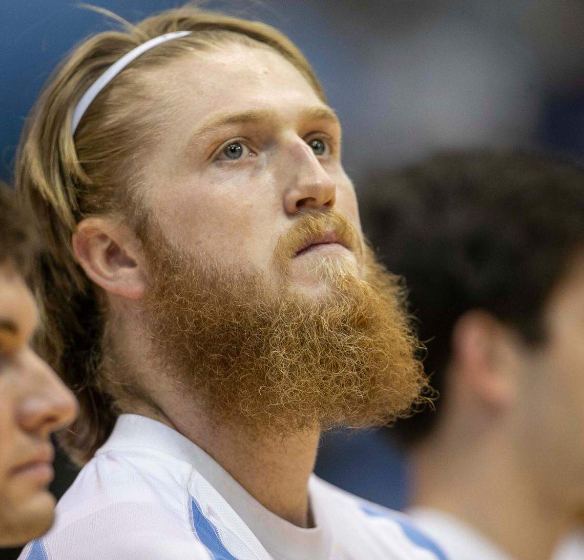 North Carolina transfer Brady Manek (45) eyes the crowd in the Smith Center during the National Anthem on Friday, November 5, 2021 at the Smith Center in Chapel Hill, N.C.