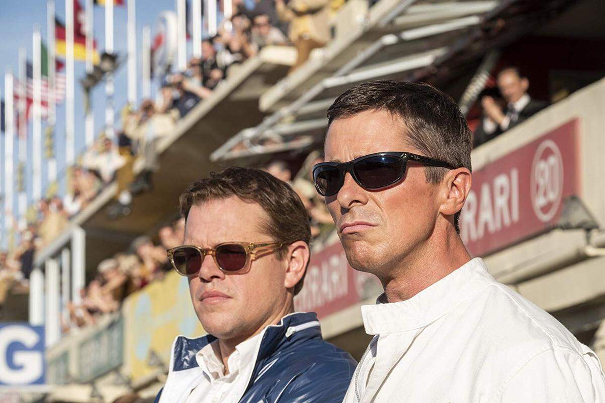 Matt Damon, left, and Christian Bale in the movie “Ford v Ferrari.”