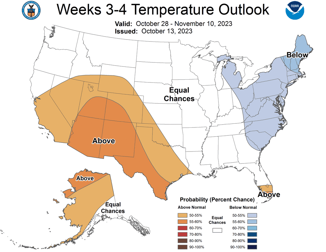 The National Weather Service’s Climate Prediction Center says there’s at least a 50 percent chance of colder-than-normal temperatures through Nov. 10, which aligns with the Farmers’ Almanac prediction for a cold spell from Nov. 4-7.