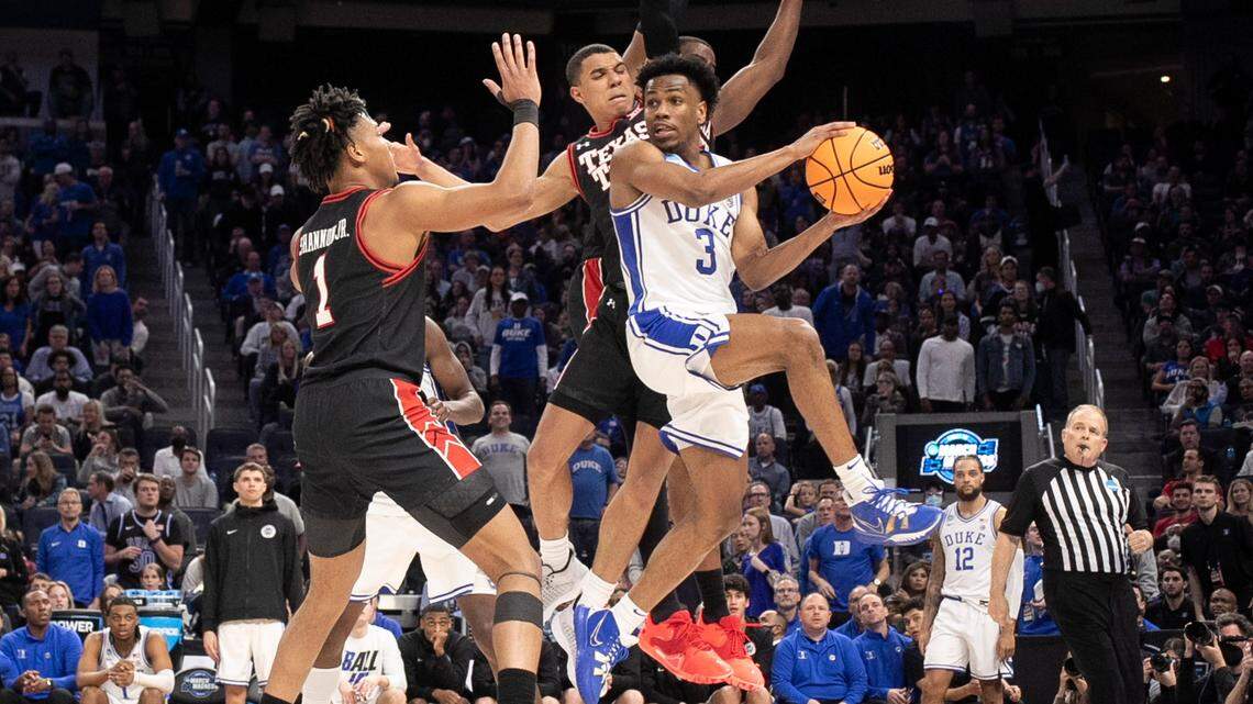 Duke’s Jeremy Roach (3) passes out of the pressure by Texas Tech’s Kevin McCullar (15) and Terrence Shannon Jr. (1) during Duke’s 78-73 victory over Texas Tech in the Sweet 16 round of the NCAA Tournament at the Chase Center in San Francisco, Calif., Thursday, March 24, 2022.