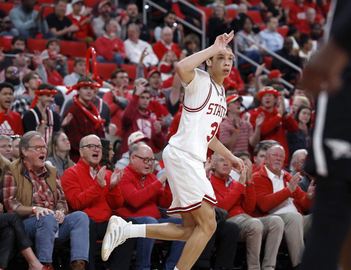 N.C. State’s Matt Able reacts after scoring during the second half of the Wolfpack’s 114-66 win over North Carolina Central at Lenovo Center on Monday, Nov. 3, 2025, in Raleigh, N.C.
