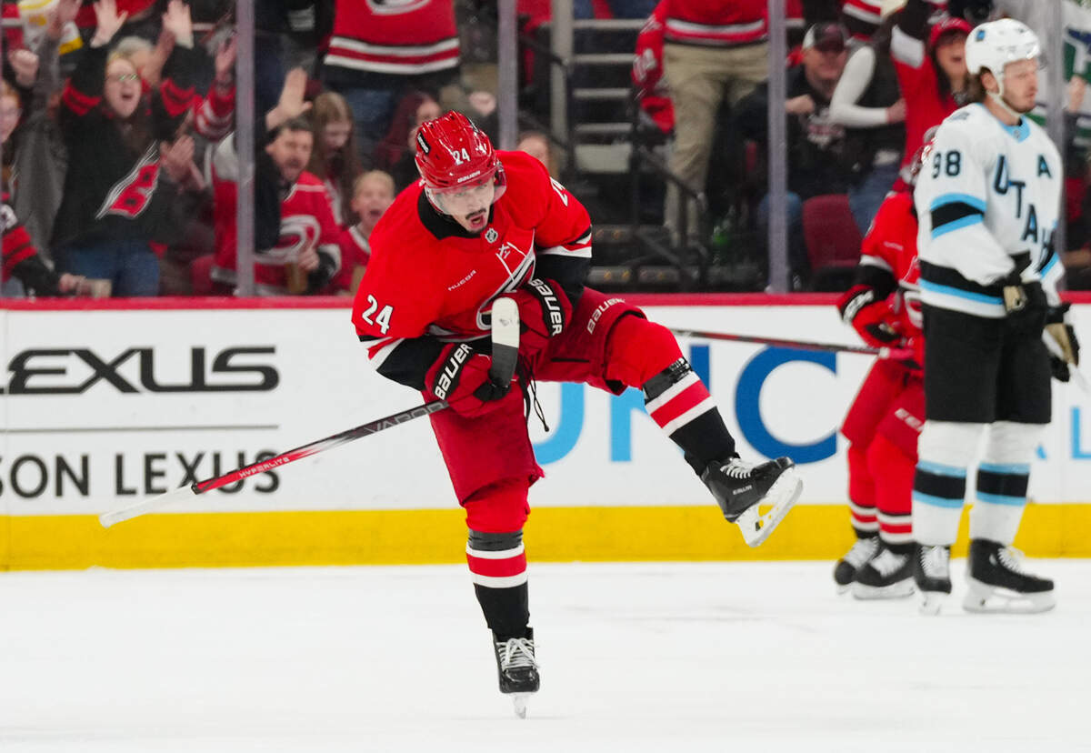 Carolina Hurricanes center Seth Jarvis (24) celebrates his goal against the Utah Hockey Club during the second period at Lenovo Center.