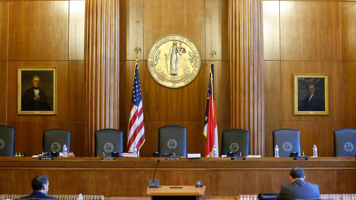 The seal of the Supreme Court of North Carolina is seen in their courtroom at the Justice Building in Raleigh, N.C., Monday, May 9, 2022.