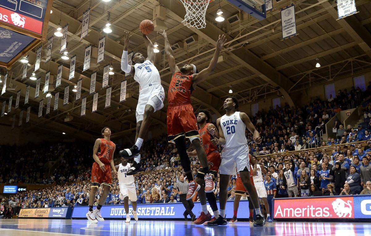 Duke’s RJ Barrett forward (5) shoots as Ferris State’s Adway Taylor (21) defends in the first half. Duke won their exhibition game against  Ferris State 132-48 at Cameron Indoor Stadium In Durham, N.C. Saturday, October 27, 2018.